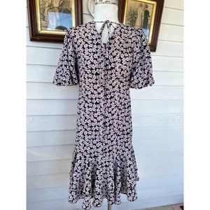 Vintage 1980s Flower print Dress Zipper Front Ruffle Bottom